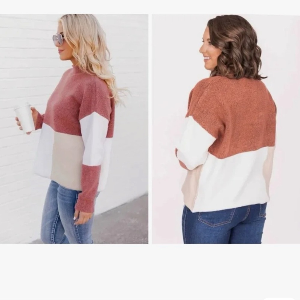Pink Lily Mock Neck Colorblock Tan Brown Cream Sweater - M